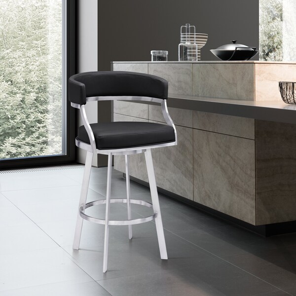 Armen Living Dione 26" Counter Height Swivel Black Faux Leather and Brushed Stainless Steel Bar Stool - 840254335158
