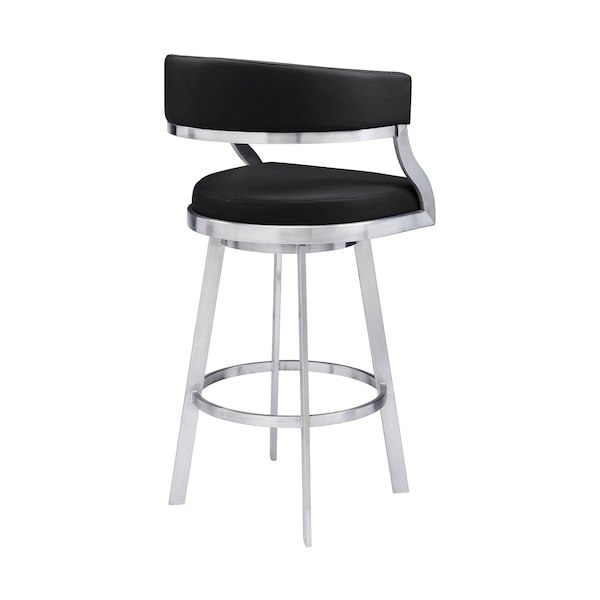 Armen Living Dione 26" Counter Height Swivel Black Faux Leather and Brushed Stainless Steel Bar Stool - 840254335158