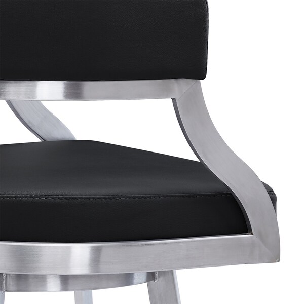 Armen Living Dione 26" Counter Height Swivel Black Faux Leather and Brushed Stainless Steel Bar Stool - 840254335158