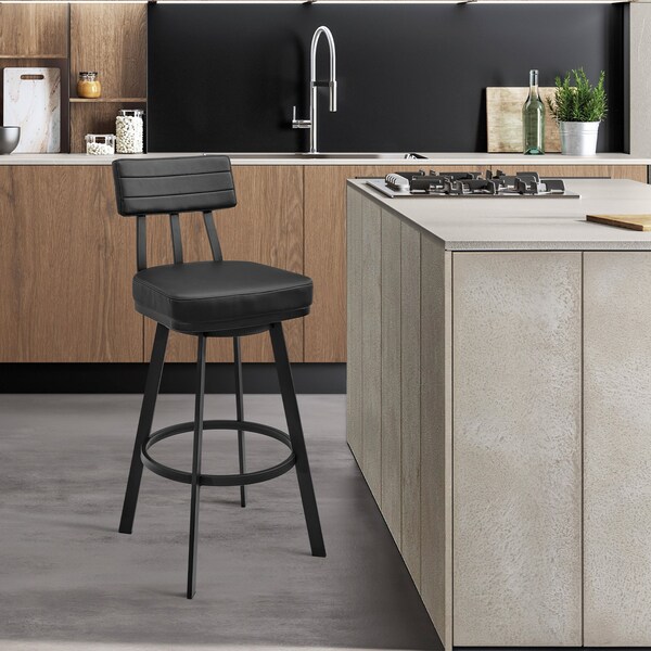 Armen Living Jinab Swivel Counter Stool in Black Metal with Black Faux Leather - 840254335202