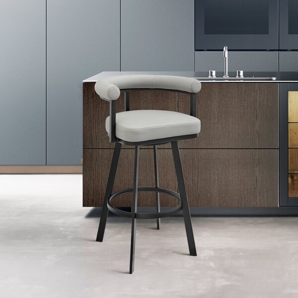 Armen Living Nolagam Swivel Counter Stool in Black Metal with Light Gray Faux Leather - 840254335585