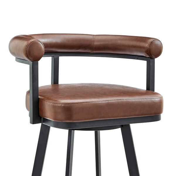 Armen Living Nolagam Swivel Counter Stool in Black Metal with Brown Faux Leather - 840254335578