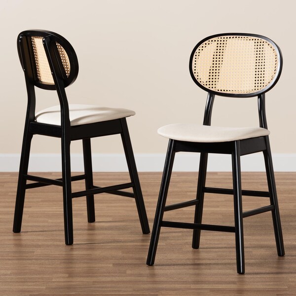 Baxton Studio Darrion Mid-Century Modern Cream Fabric and Black Finished Wood 2-Piece Counter Stool Set, PR - 235-2PC-13311-ZORO