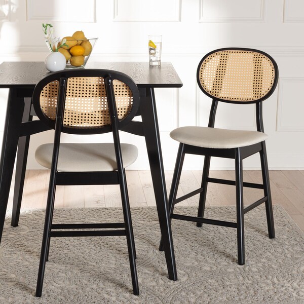 Baxton Studio Darrion Mid-Century Modern Cream Fabric and Black Finished Wood 2-Piece Counter Stool Set, PR - 235-2PC-13311-ZORO