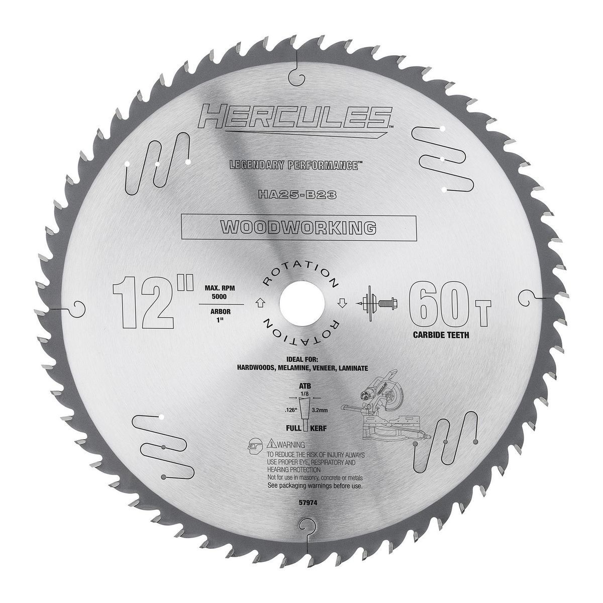 Hoja de sierra circular Hercules de 12 pulgadas y 60 dientes para trabajo en madera con ranura completa - 57974
