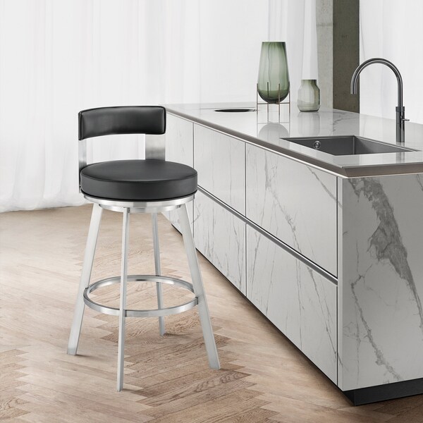 Armen Living Lynof Swivel Counter Stool in Brushed Stainless Steel with Black Faux Leather - 840254335455