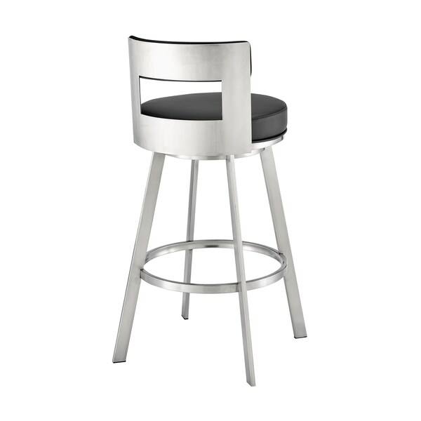 Armen Living Lynof Swivel Counter Stool in Brushed Stainless Steel with Black Faux Leather - 840254335455