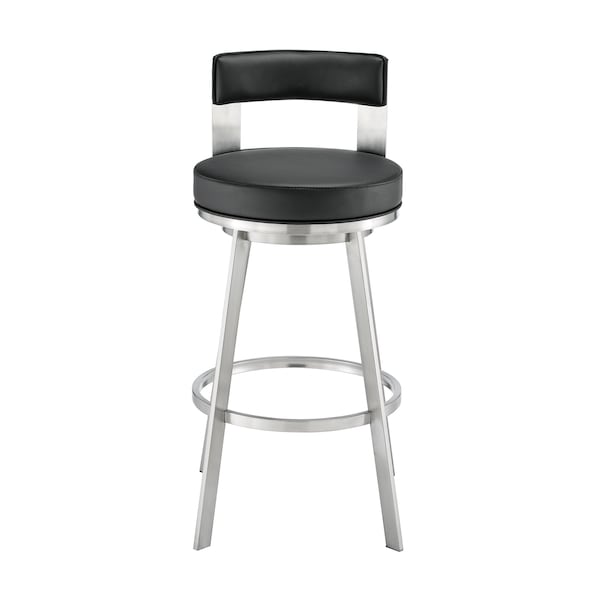 Armen Living Lynof Swivel Counter Stool in Brushed Stainless Steel with Black Faux Leather - 840254335455