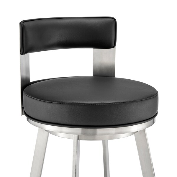 Armen Living Lynof Swivel Counter Stool in Brushed Stainless Steel with Black Faux Leather - 840254335455