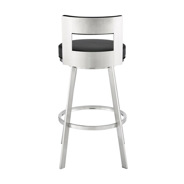 Armen Living Lynof Swivel Counter Stool in Brushed Stainless Steel with Black Faux Leather - 840254335455
