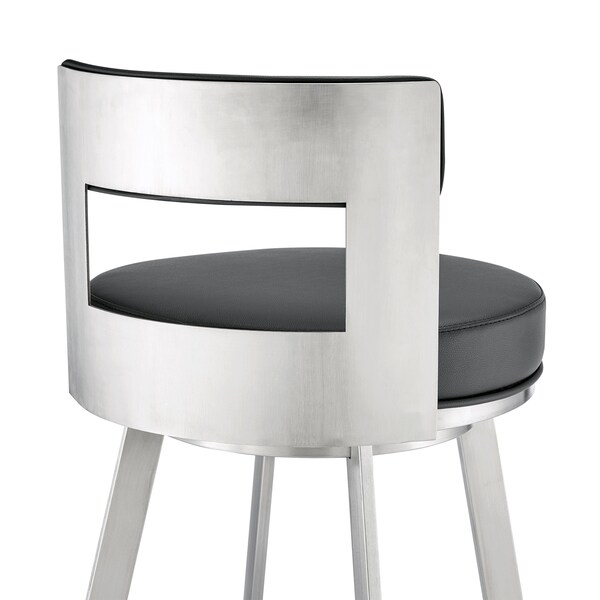 Armen Living Lynof Swivel Counter Stool in Brushed Stainless Steel with Black Faux Leather - 840254335455