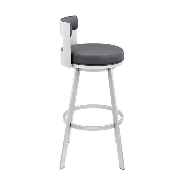 Armen Living Lynof Swivel Counter Stool in Silver Metal with Gray Faux Leather - 840254335479