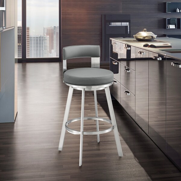 Armen Living Lynof Swivel Counter Stool in Silver Metal with Gray Faux Leather - 840254335479