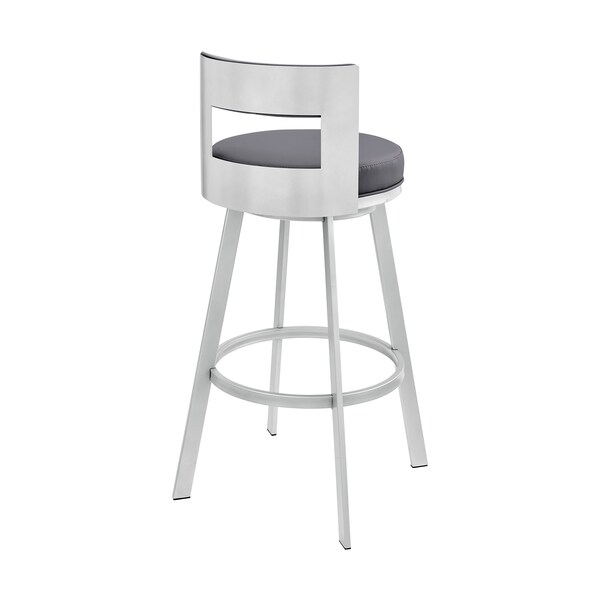 Armen Living Lynof Swivel Counter Stool in Silver Metal with Gray Faux Leather - 840254335479