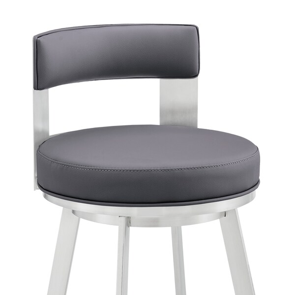 Armen Living Lynof Swivel Counter Stool in Silver Metal with Gray Faux Leather - 840254335479