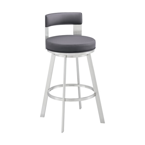 Armen Living Lynof Swivel Counter Stool in Silver Metal with Gray Faux Leather - 840254335479