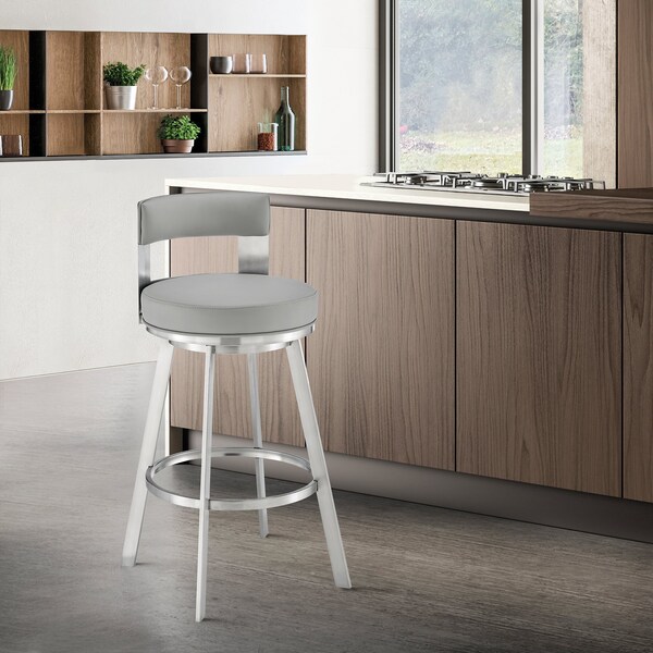 Armen Living Lynof Swivel Counter Stool in Brushed Stainless Steel with Light Gray Faux Leather - 840254335462