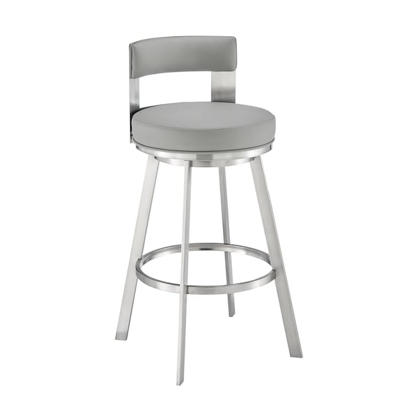 Armen Living Lynof Swivel Counter Stool in Brushed Stainless Steel with Light Gray Faux Leather - 840254335462