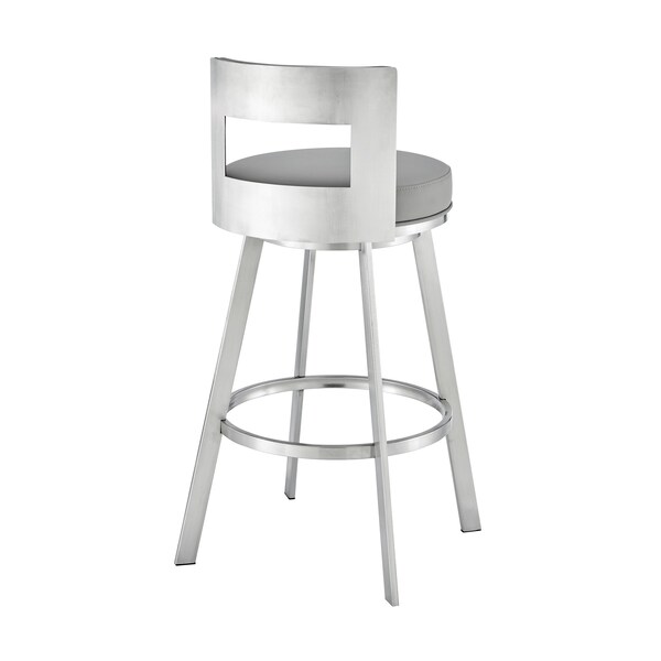 Armen Living Lynof Swivel Counter Stool in Brushed Stainless Steel with Light Gray Faux Leather - 840254335462