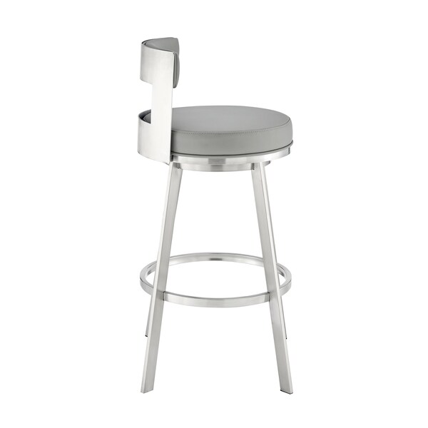 Armen Living Lynof Swivel Counter Stool in Brushed Stainless Steel with Light Gray Faux Leather - 840254335462