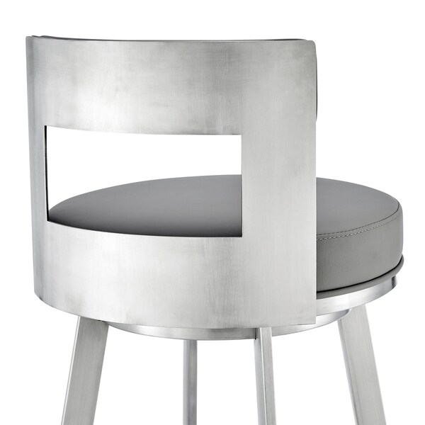 Armen Living Lynof Swivel Counter Stool in Brushed Stainless Steel with Light Gray Faux Leather - 840254335462