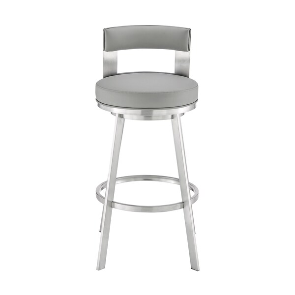 Armen Living Lynof Swivel Counter Stool in Brushed Stainless Steel with Light Gray Faux Leather - 840254335462