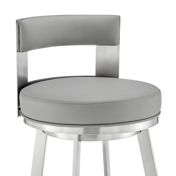Armen Living Lynof Swivel Counter Stool in Brushed Stainless Steel with Light Gray Faux Leather - 840254335462
