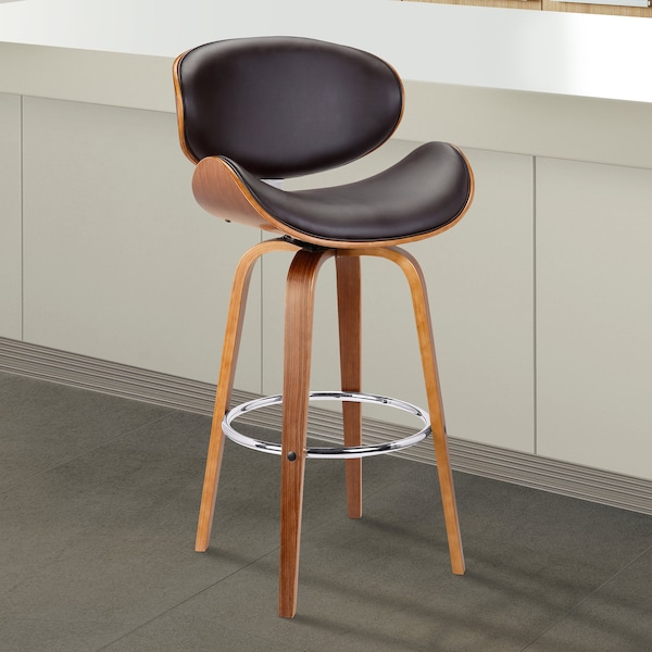Armen Living Solvang 26" Swivel Brown Faux Leather and Walnut Wood Counter Stool - LCSLBABRWA26
