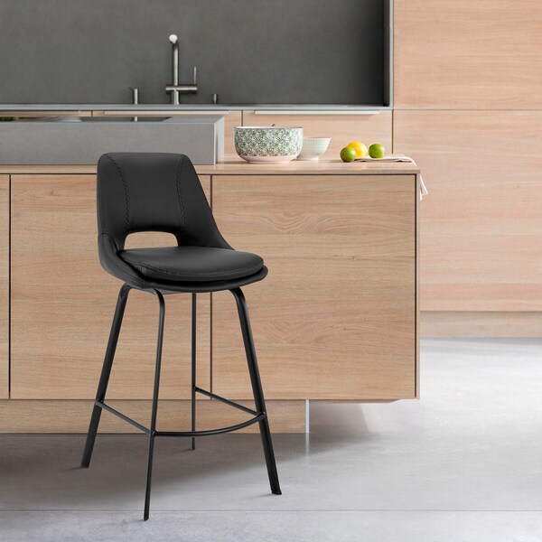 Armen Living Carise Black Faux Leather and Black Metal Swivel 26" Counter Stool - LCCABABLBL26