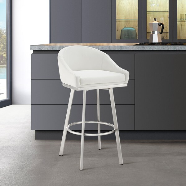 Armen Living Noran Swivel Counter Stool in Brushed Stainless Steel with White Faux Leather - 840254335745