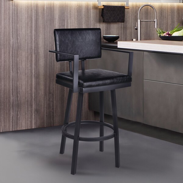 Armen Living Balboa 26" Counter Height Swivel Vintage Black Faux Leather and Metal Bar Stool with Arms - LCBBARBABLVB26