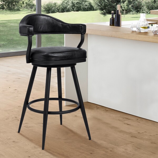 Armen Living Amador 26" Counter Height Barstool in a Black Powder Coated Finish and Vintage Black Faux Leather - 721535746965