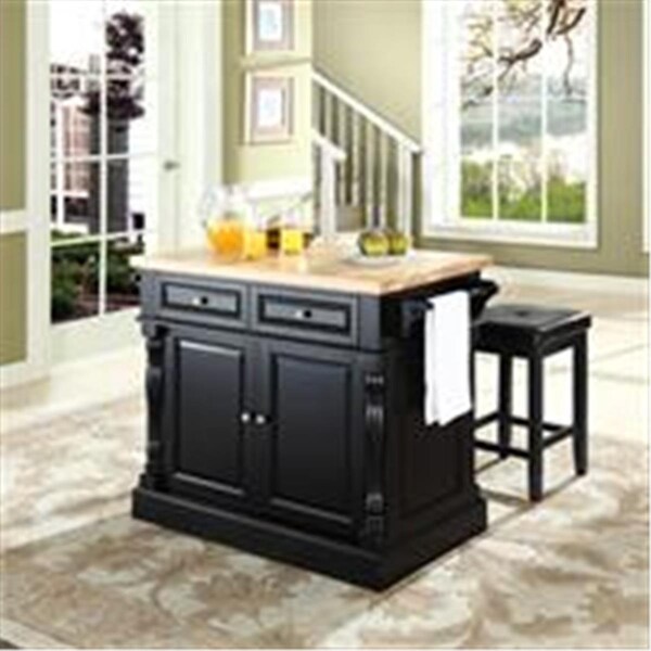 Betterbeds Butcher Block Top Kitchen Island in Black Finish, 24 in. Black Upholstered Square Seat Stools - BE2613690