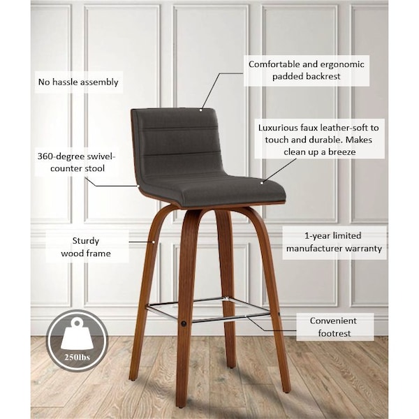 Armen Living Vienna 26" Swivel Counter Stool in Walnut Wood Finish with Gray Faux Leather - LCVIBAGRWA26