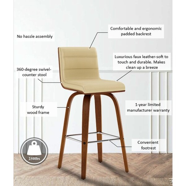 Armen Living Vienna 26" Swivel Counter Stool in Walnut Wood Finish with Cream Faux Leather - LCVIBACRWA26