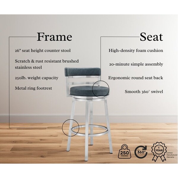 Armen Living Madrid 26" Counter Height Swivel Blue Faux Leather and Brushed Stainless Steel Bar Stool - LCMABABSBLU26