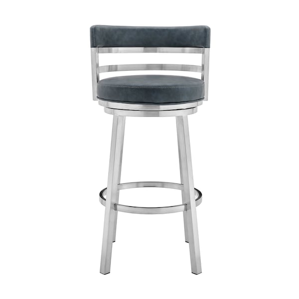 Armen Living Madrid 26" Counter Height Swivel Blue Faux Leather and Brushed Stainless Steel Bar Stool - LCMABABSBLU26