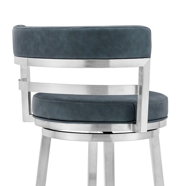 Armen Living Madrid 26" Counter Height Swivel Blue Faux Leather and Brushed Stainless Steel Bar Stool - LCMABABSBLU26