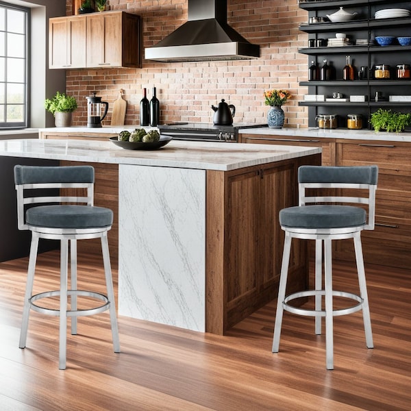 Armen Living Madrid 26" Counter Height Swivel Blue Faux Leather and Brushed Stainless Steel Bar Stool - LCMABABSBLU26
