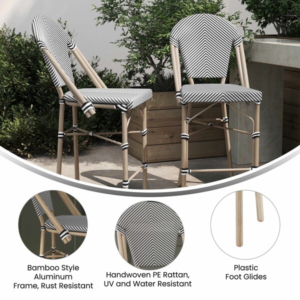 Flash Furniture Marseille Stackable IndoorOutdoor French Bistro 26 Counter Height Stool, BlackWht and Lght Bamboo - SDA-AD642107-CS-BLKWH-LTNAT-GG