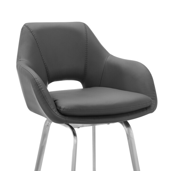Armen Living Aura Gray Faux Leather and Brushed Stainless Steel Swivel 26" Counter Stool - LCAUBABSGR26