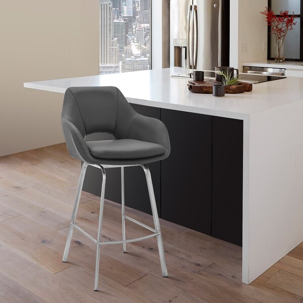 Armen Living Aura Gray Faux Leather and Brushed Stainless Steel Swivel 26" Counter Stool - LCAUBABSGR26
