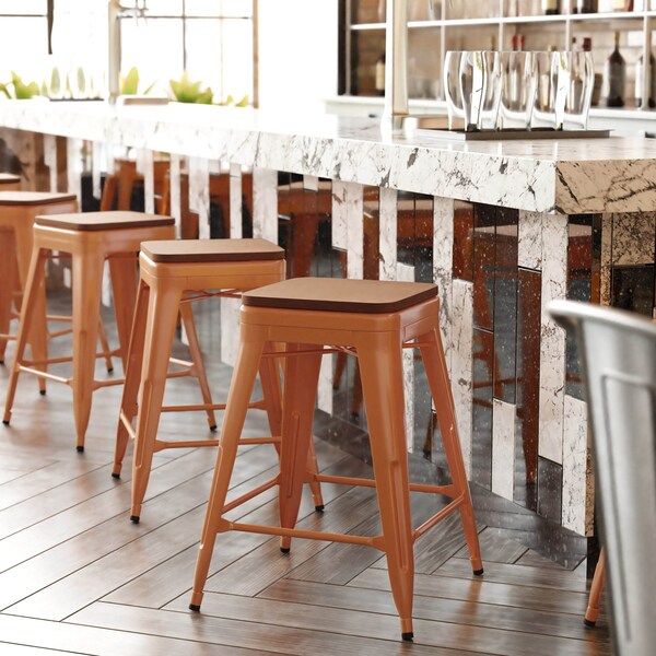 Flash Furniture 24" Orange Metal Stool-Teak Poly Seat - CH-31320-24-OR-PL2T-GG