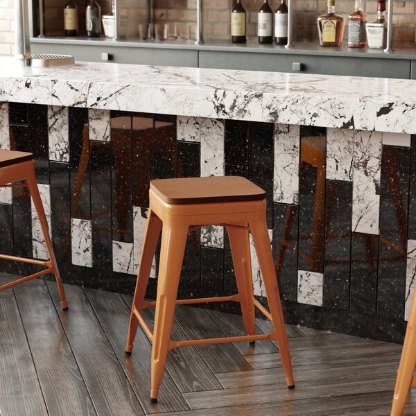 Flash Furniture 24" Orange Metal Stool-Teak Poly Seat - CH-31320-24-OR-PL2T-GG