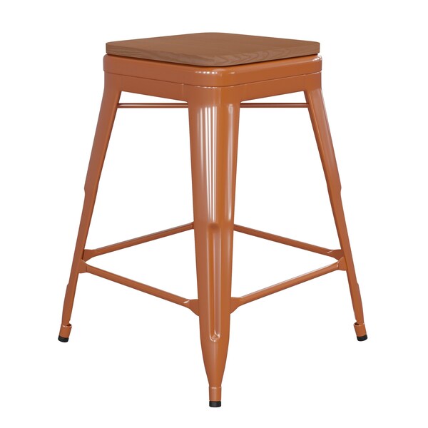 Flash Furniture 24" Orange Metal Stool-Teak Poly Seat - CH-31320-24-OR-PL2T-GG