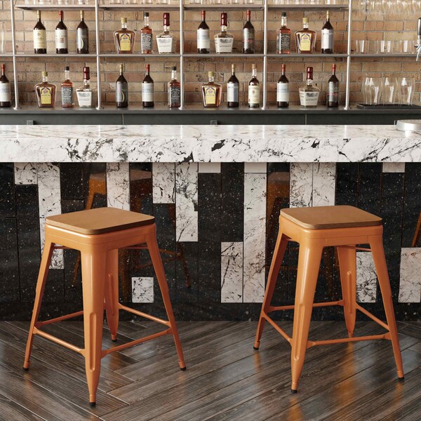 Flash Furniture 24" Orange Metal Stool-Teak Poly Seat - CH-31320-24-OR-PL2T-GG