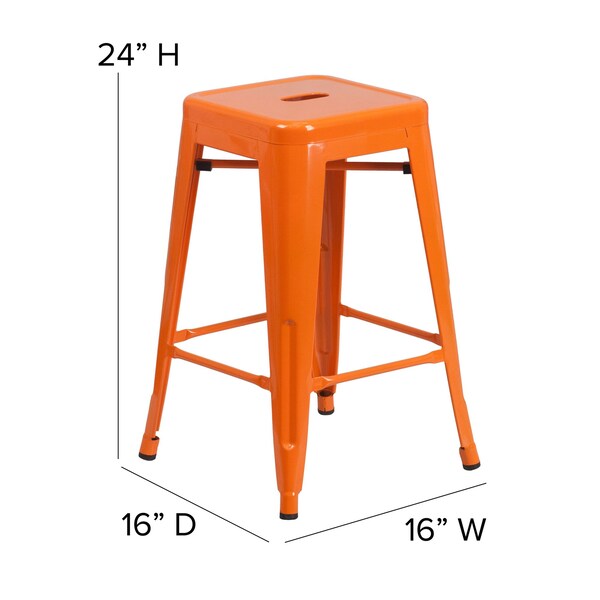 Flash Furniture 24" Orange Metal Stool-Teak Poly Seat - CH-31320-24-OR-PL2T-GG