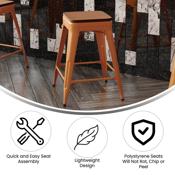 Flash Furniture 24" Orange Metal Stool-Teak Poly Seat - CH-31320-24-OR-PL2T-GG