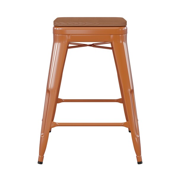 Flash Furniture 24" Orange Metal Stool-Teak Poly Seat - CH-31320-24-OR-PL2T-GG