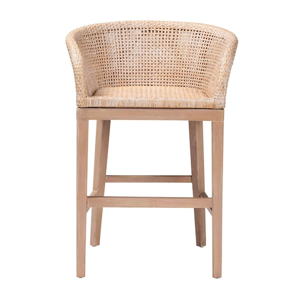 Bali & Pari Papua Modern Bohemian Antique White Washed Rattan and Mahogany Wood Counter Stool - 243-13490-ZORO